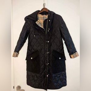 Black Burberry Quilted Nylon Hooded Coat, Size M